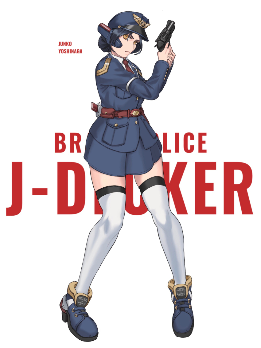 1girl belt blue_boots blue_hair blue_jacket blue_skirt boots character_name chinese_commentary commentary_request copyright_name deckerd gun handgun hat highres holding holding_gun holding_weapon humanization jacket jinri_shijie miniskirt necktie orange_eyes police police_hat police_uniform policewoman red_necktie revolver skirt solo thighhighs weapon white_thighhighs yuusha_keisatsu_j-decker yuusha_series