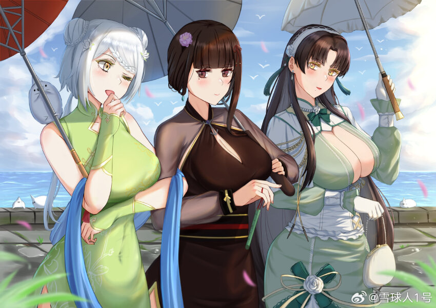 1913_(warship_girls_r) 3girls bird black_hair blush braid braided_bangs breasts brown_hair china_dress chinese_clothes chongqing_(warship_girls_r) cleavage clothing_cutout double_bun dress earrings flower galo_(warship_girls_r) green_dress hair_bun hair_flower hair_ornament holding jewelry large_breasts long_hair multiple_girls ocean open_mouth outdoors short_hair sky umbrella warship_girls_r watermark weibo_watermark white_hair yat_sen_(warship_girls_r) yellow_eyes zhongjironghe_x