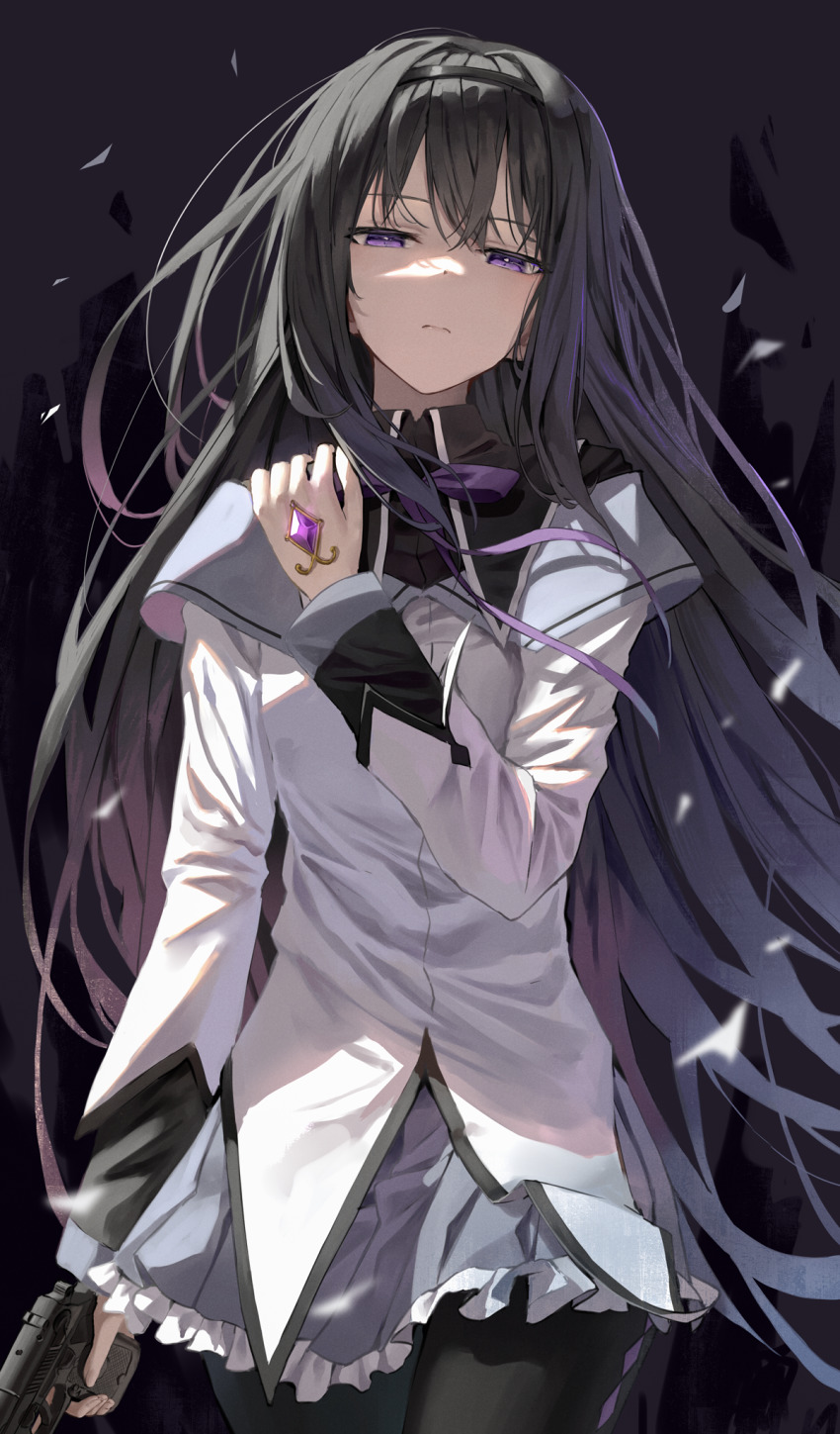 1girl akemi_homura akemi_homura_(magical_girl) black_hair black_hairband black_pantyhose closed_mouth cowboy_shot grey_skirt grills gun hairband half-closed_eyes hand_on_own_shoulder handgun highres holding holding_gun holding_weapon long_hair mahou_shoujo_madoka_magica mahou_shoujo_madoka_magica_(anime) neck_ribbon pantyhose pistol pleated_skirt purple_eyes purple_ribbon ribbon shirt skirt solo soul_gem superpig weapon white_shirt
