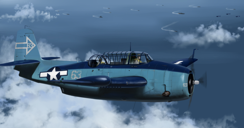 aircraft aircraft_carrier airplane arrow_(symbol) cloud highres military military_vehicle mo_yu_de_jiaozi ocean original pilot propeller propeller_fighter roundel ship star_(symbol) tbf_avenger united_states_navy vehicle_focus warship water watercraft world_war_ii