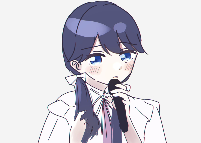 1girl 2nd_live_tour_~blooming_with_ooo~ blue_eyes blue_hair blush commentary_request dress frilled_dress frills hair_ribbon highres holding holding_microphone link!_like!_love_live! link_to_the_future_(love_live!) long_hair looking_at_viewer love_live! low_twintails magu_(cv_mgmgcup) microphone murano_sayaka neck_ribbon official_alternate_costume ribbon runway_(love_live!) simple_background solo twintails upper_body virtual_youtuber white_background white_dress white_ribbon