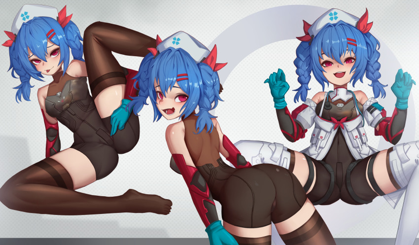 1girl :d :p absurdres afrotunaart arm_around_leg arms_behind_back ass bare_shoulders bent_over between_legs blue_gloves blush bodysuit boots braid breasts claw_pose colphne_(girls&#039;_frontline_2) colphne_(silent_heart)_(girls&#039;_frontline_2) covered_navel from_behind girls&#039;_frontline girls&#039;_frontline_2:_exilium gloves hair_between_eyes hair_ornament hair_ribbon hairclip hand_between_legs hands_up hat highres jacket leaning_forward leg_up looking_at_viewer looking_back medium_hair multiple_views nurse_cap off-shoulder_jacket off_shoulder open_clothes open_jacket open_mouth petite presenting red_ribbon ribbon seductive_smile skin_tight small_breasts smile smug solo spread_legs stethoscope_around_neck thigh_boots thighhighs thighs tongue tongue_out twin_braids twintails unzipped w_arms white_jacket