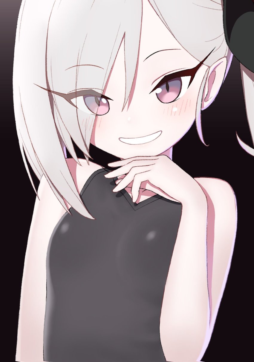 1girl black_background blue_archive breasts eyelashes gradient_eyes grin hair_between_eyes hair_over_one_eye highres kutsusama long_hair multicolored_eyes mutsuki_(blue_archive) one-piece_swimsuit pointy_ears purple_eyes side_ponytail small_breasts smile smug swimsuit white_hair