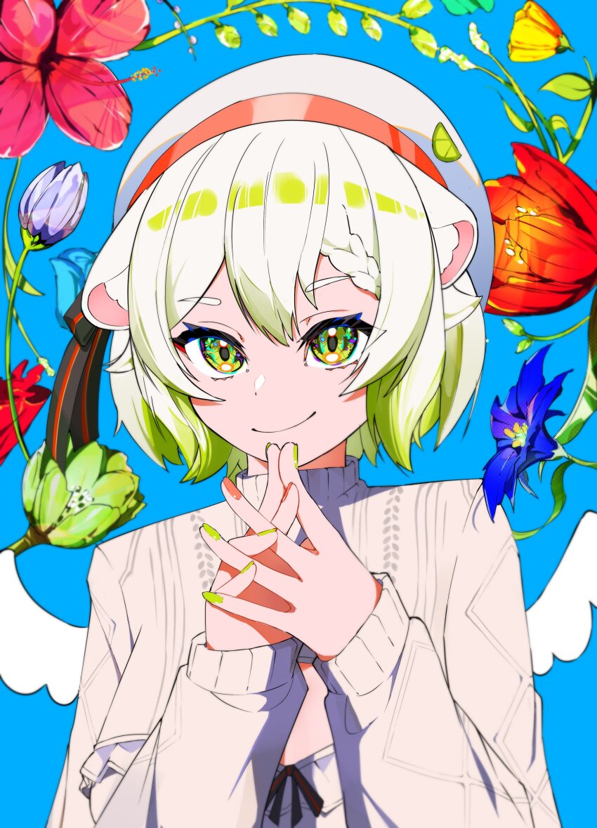 absurdres beret blue_flower bob_cut braid chattdraws cleavage_cutout close-up clothing_cutout floral_background flower food frills fruit gradient_hair green_eyes green_flower green_hair green_nails hat highres indie_virtual_youtuber laimu_(vtuber) laimu_(vtuber)_(winter) lime_(fruit) lime_slice looking_at_viewer mika_pikazo_(style) mini_wings multicolored_hair orange_flower own_hands_together pink_flower pink_nails plant purple_flower red_flower ribbed_sweater ribbon short_hair sleeves_past_wrists sweater two-tone_hair vinesauce virtual_youtuber white_hair wings yellow_flower