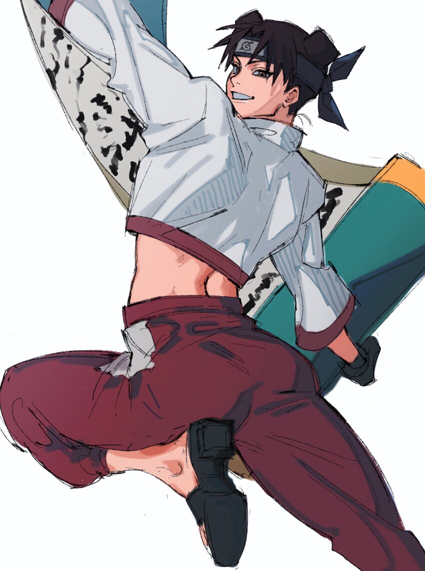1girl arched_back black_gloves black_hair double_bun flip-flops forehead_protector from_behind gloves grin hair_bun highres holding holding_scroll konohagakure_symbol long_sleeves looking_back midriff naruto_(series) naruto_shippuuden outstretched_arms pants red_pants sandals scroll shirt shoe_soles simple_background sketch smile solo spread_arms standing standing_on_one_leg tenten_(naruto) umkaqryi updo white_background white_shirt