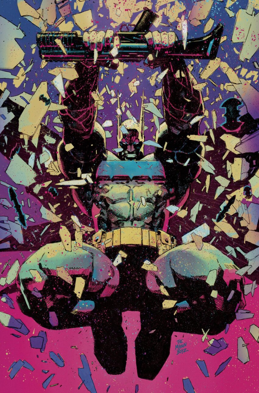 1boy absolute_batman absolute_dc armor batman batman_(series) bruce_wayne clay_mann dc_comics gun highres holding holding_gun holding_weapon male_focus mask mask_on_head muscular muscular_male solo superhero_costume weapon