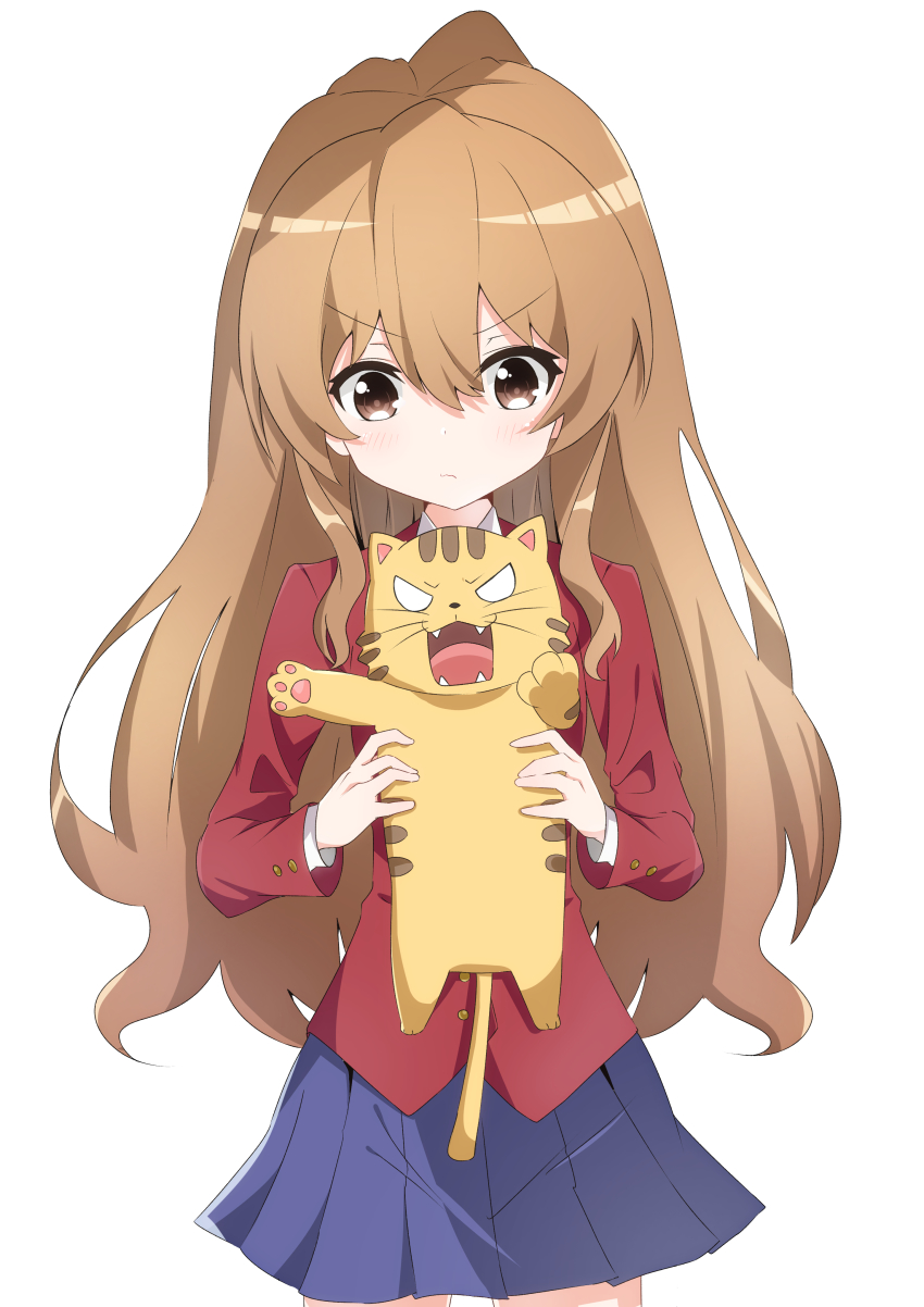 1girl absurdres aisaka_taiga artist_request blazer blouse blue_skirt brown_eyes brown_hair closed_mouth collared_shirt commentary cowboy_shot english_commentary hair_between_eyes highres holding jacket light_blush long_hair long_sleeves looking_down oohashi_high_school_uniform open_mouth palmtop_tiger pleated_skirt red_jacket school_uniform shirt simple_background skirt standing toradora! white_background white_shirt