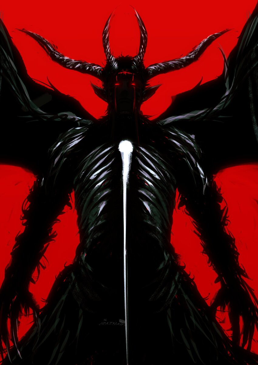 1boy absurdres bat_wings black_clover black_fur claws crain1art demon demon_horns facial_mark highres horns male_focus multiple_horns red_background red_eyes ribs solo white_horns wings zenon_zogratis