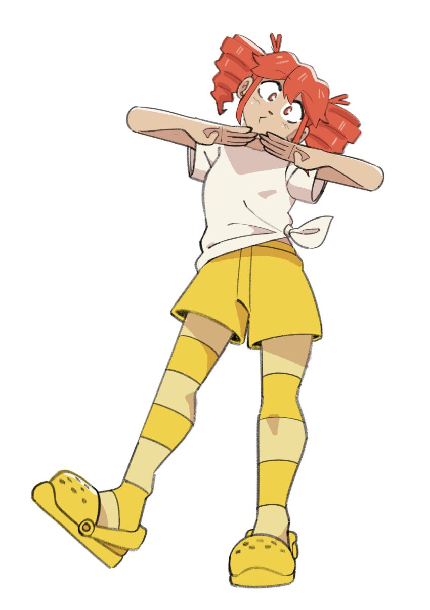 1girl absurdres birdbrain_(synthesizer_v) closed_mouth crocs drill_hair full_body highres kasane_teto looking_at_viewer medium_hair o3o red_eyes red_hair scrambled_skies shirt shoes shorts simple_background solo striped_clothes striped_thighhighs synthesizer_v thighhighs tied_shirt twin_drills white_background white_shirt yellow_shoes yellow_shorts yellow_thighhighs
