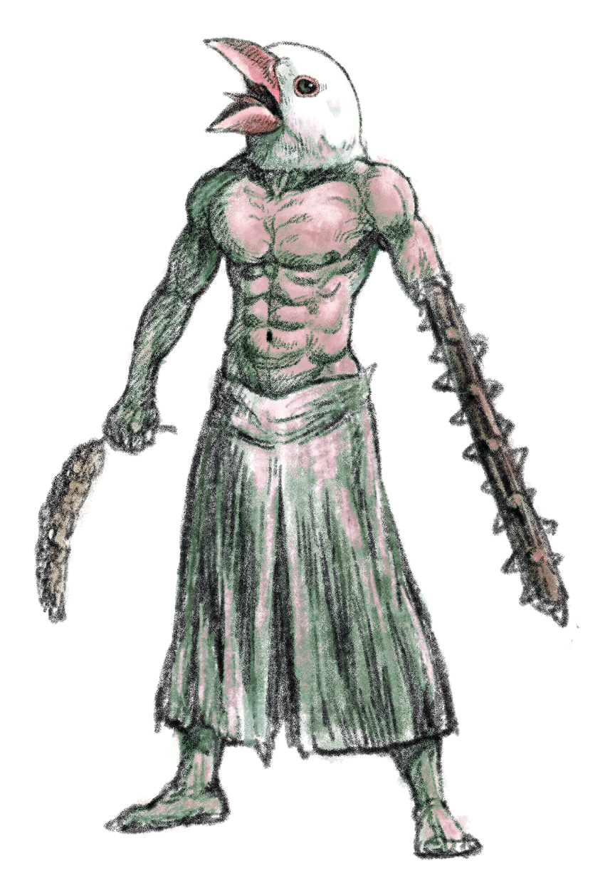 1boy abs barefoot bird_boy commentary_request crow_mauler fear_&amp;_hunger_(series) fear_&amp;_hunger_1 full_body highres male_focus open_mouth prosthetic_weapon simple_background solo standing toned toned_male topless_male white_background yoshinaga_yuki