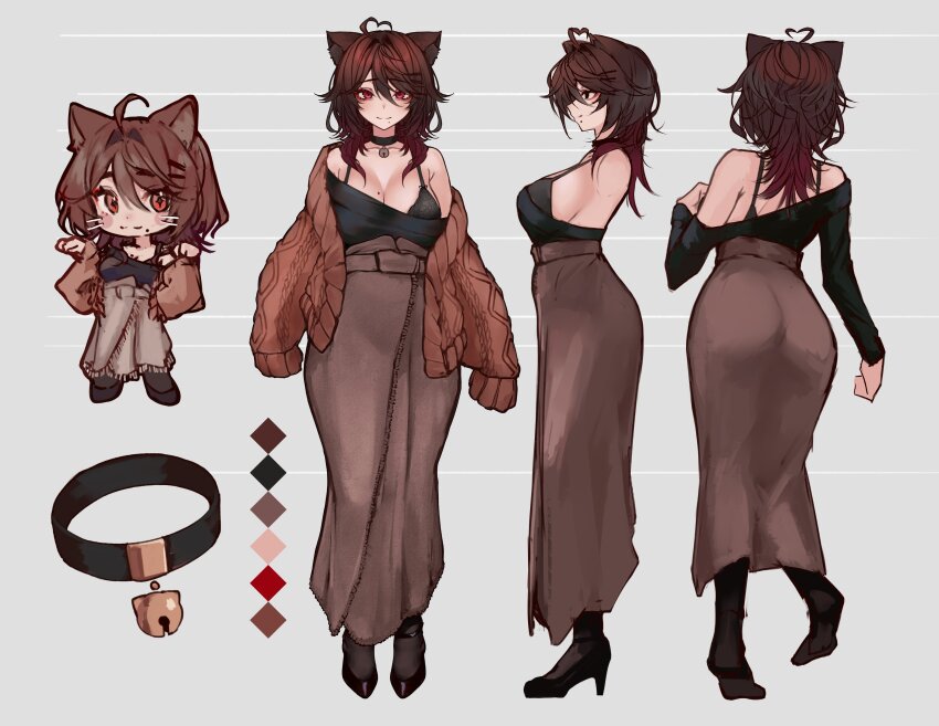 1girl absurdres ahoge animal_ears aran_sweater ass bare_shoulders bell black_collar black_footwear black_pantyhose black_shirt breasts brown_cardigan brown_hair brown_skirt cable_knit cardigan cat_ears reference_sheet cleavage collar color_guide cross-shaped_pupils from_behind full_body hair_between_eyes heart heart_ahoge high_heels highres jingle_bell large_breasts long_hair long_skirt looking_at_viewer mole mole_on_breast mole_under_mouth multiple_views naoko_kirishima naokomama neck_bell off_shoulder open_cardigan open_clothes original pantyhose profile red_eyes shirt shoes sideboob skirt standing straight-on sweater symbol-shaped_pupils turnaround whiskers