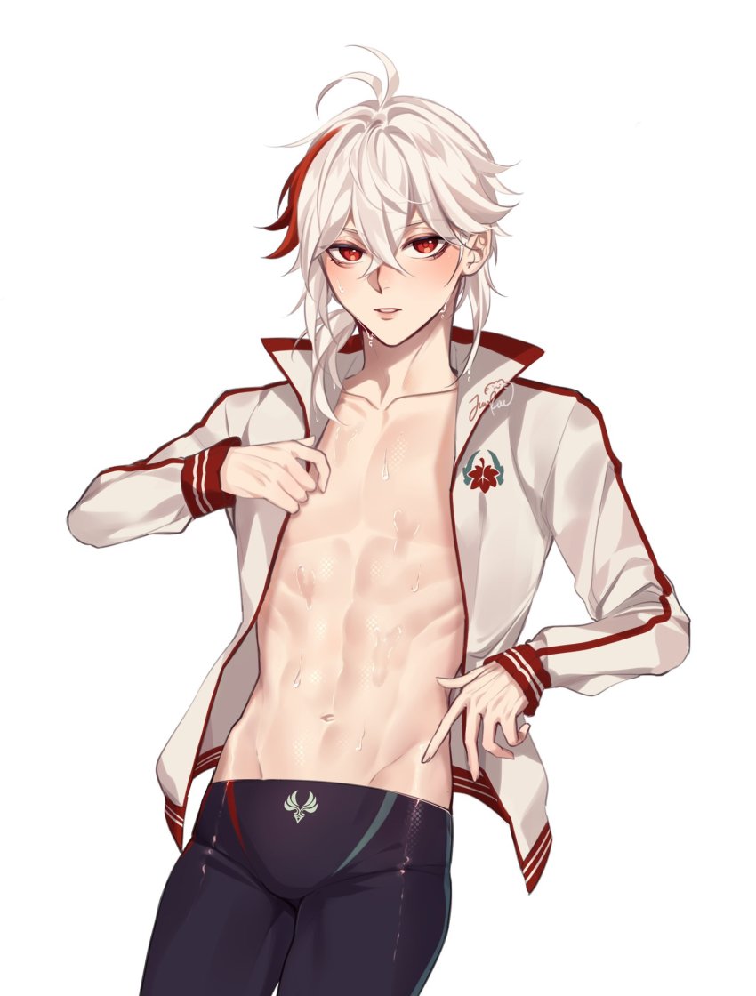 1boy abs antenna_hair black_jammers black_male_swimwear blush genshin_impact highres jacket jammers kaedehara_kazuha male_focus male_swimwear medium_hair multicolored_hair muscular muscular_male navel open_clothes open_shirt red_eyes red_hair rourouki short_hair simple_background solo stomach streaked_hair swimsuit toned toned_male white_background white_hair