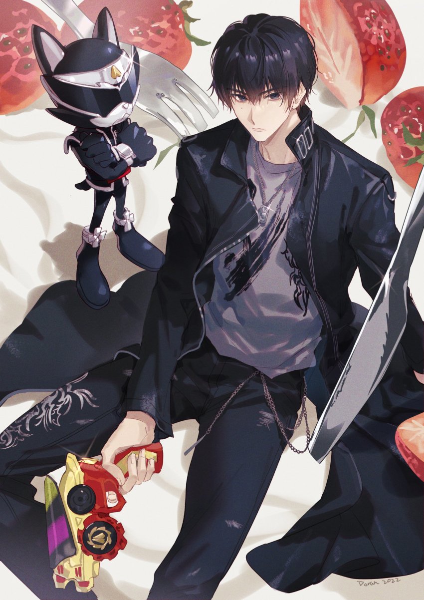 2boys animification avataro_sentai_donbrothers black_bodysuit black_coat black_eyes black_hair blouse bodysuit cake chain chain_leash coat commentary crossed_arms dog donblaster doran_(doran7280) dual_persona food fork fruit grey_shirt gun highres inubrother inuzuka_tsubasa knife leash long_coat multiple_boys on_food oversized_food oversized_object print_shirt shiba_inu shirt sitting sitting_on_food strawberry strawberry_shortcake sunglasses super_sentai symbol-only_commentary toned toned_male weapon