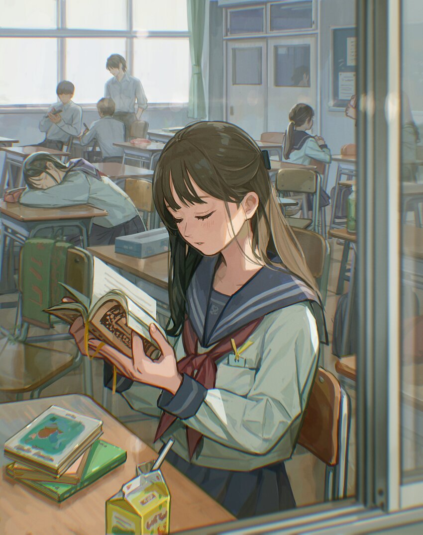 1other 3boys 4girls absurdres black_hair blue_sailor_collar blue_skirt book brown_hair chair classroom commentary_request desk drinking_straw highres holding holding_book indoors juice_carton multiple_boys multiple_girls neckerchief original pleated_skirt red_neckerchief sailor_collar sailor_shirt school_chair school_desk school_uniform serafuku shirt skirt sleeping sleeping_upright solo_focus utaka_(anyoanyot) white_shirt