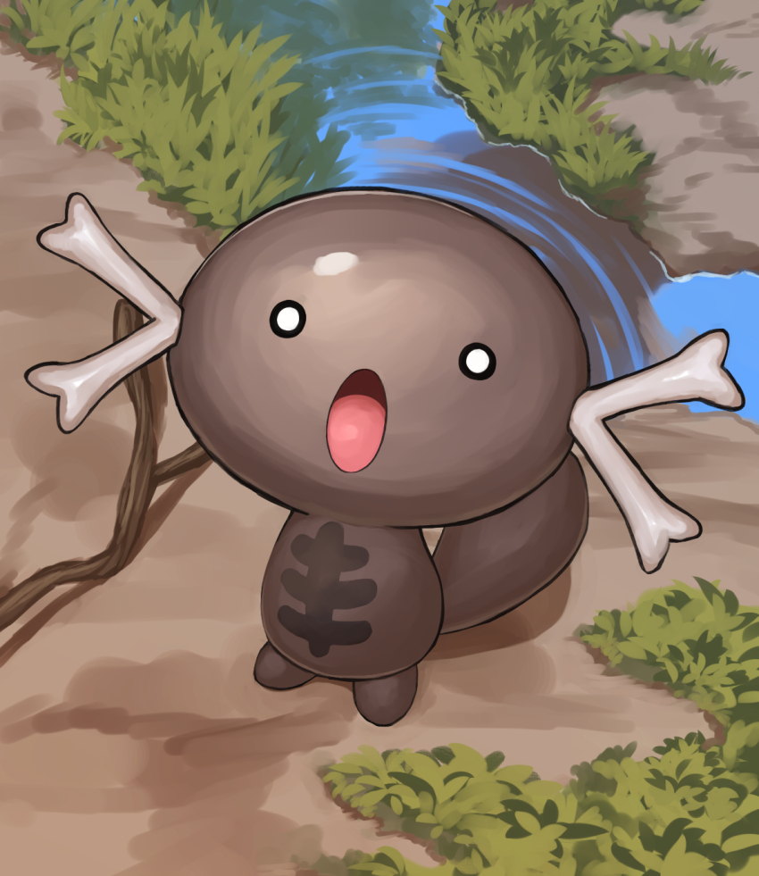 :o black_eyes bright_pupils commentary_request creatures_(company) day full_body game_freak grass highres jira_(ziraiya26) looking_up nintendo no_humans open_mouth outdoors paldean_wooper pokemon pokemon_(creature) pokemon_focus reflection solo stick tongue water white_pupils