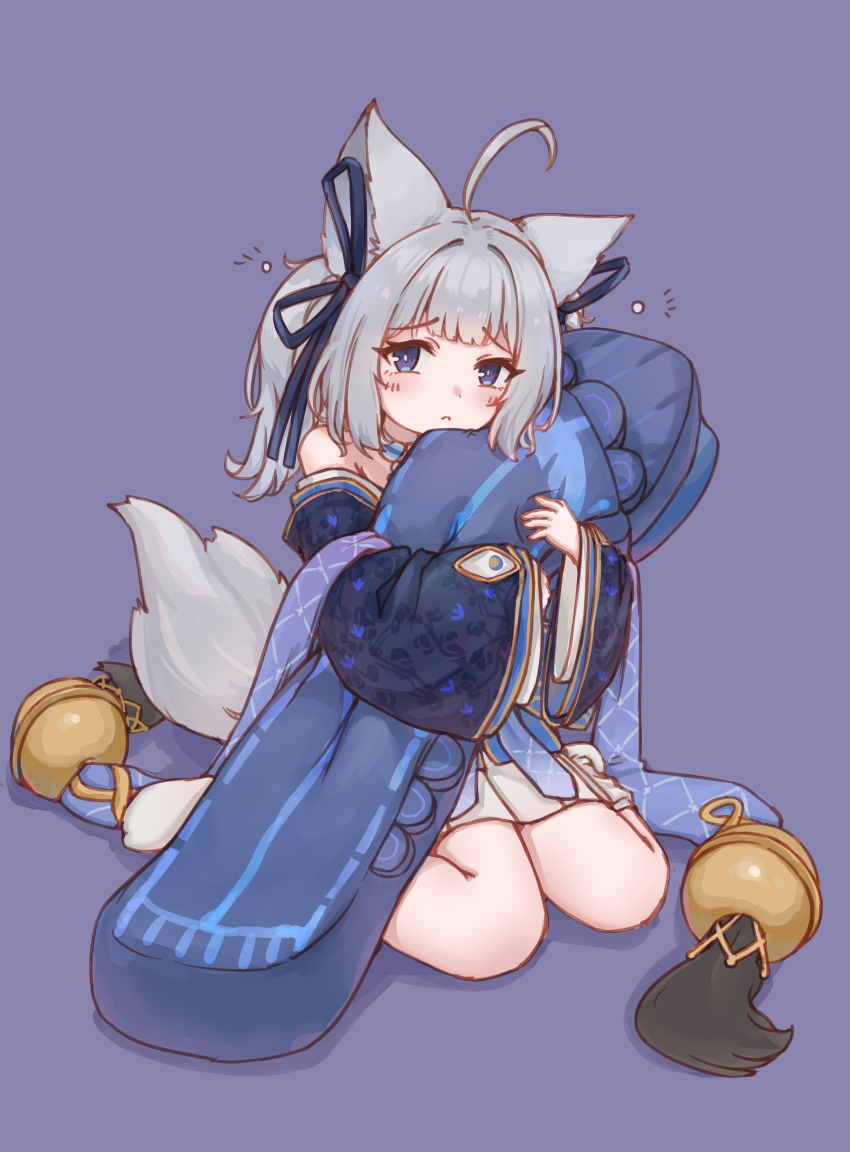 1girl absurdres aged_down ahoge animal_ears azur_lane blue_eyes blue_kimono blue_ribbon commentary_request fox_ears fox_girl fox_tail full_body grey_hair hair_ribbon highres hugging_object japanese_clothes kimono kitsune looking_at_viewer moekoso_(qmzs_kokoso) pleated_skirt purple_background ribbon shinano-chan_(azur_lane) shinano_(azur_lane) simple_background skirt skirt_under_kimono socks solo tail white_skirt white_socks wide_sleeves