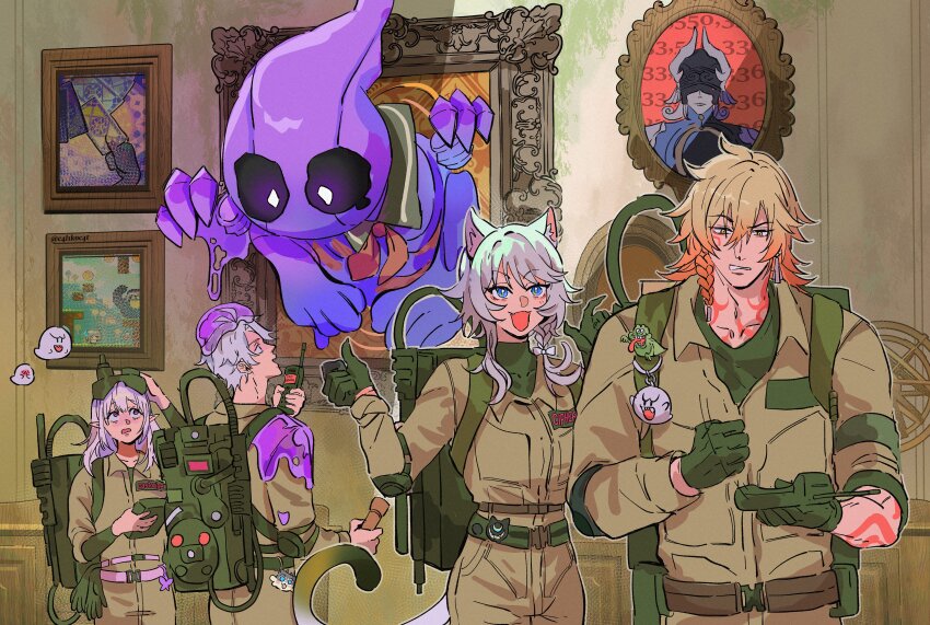 2girls absurdres animal_ears antenna_hair arm_tattoo behind_another blonde_hair blue_eyes boo_(mario) braid brown_jumpsuit c4l1k0c4t castorice_(honkai:_star_rail) cat_ears cat_girl cat_tail charm_(object) cipher_(honkai:_star_rail) fang flashlight flashlight_beam ghost ghostbusters ghostbusters_uniform gloves grey_hair hair_between_eyes highres holding holding_flashlight honkai:_star_rail honkai_(series) indoors jumpsuit long_hair looking_at_another looking_at_object lygus_(honkai:_star_rail) mario_(series) multicolored_hair multiple_girls mydei_(honkai:_star_rail) neck_tattoo nintendo official_art_inset orange_hair parody phainon_(honkai:_star_rail) pointing pointing_at_another pointy_ears portrait_(object) proton_pack red_tattoo shirt short_hair side_braid single_braid slime_(substance) slimer smile spirithief_bartholos_(honkai:_star_rail) tail tattoo turtleneck turtleneck_shirt two-tone_hair yellow_eyes