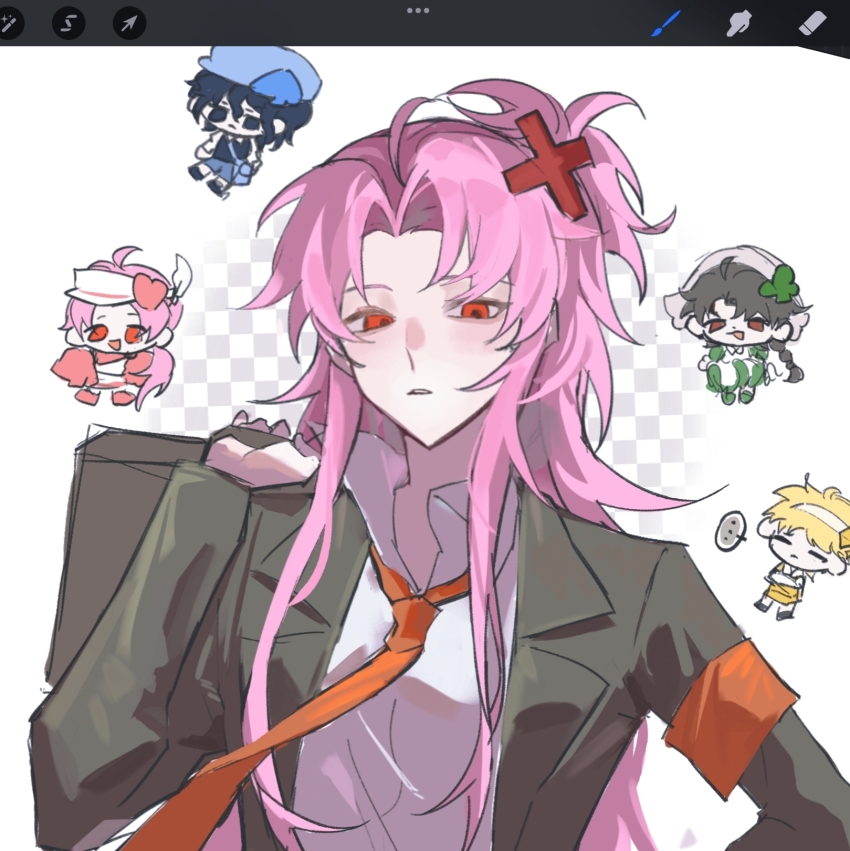 ... 5boys ahoge alternate_costume amulet_clover amulet_clover_(cosplay) amulet_dia amulet_dia_(cosplay) amulet_heart amulet_heart_(cosplay) amulet_spade amulet_spade_(cosplay) armband art_program_in_frame atou_haruki black_bag black_jacket blonde_hair blue_hair blue_hat braid brown_hair chibi chinese_commentary closed_eyes closed_mouth collared_shirt commentary_request cosplay cross_hair_ornament dark_blue_hair dita_iliner frown hair_ornament harada_minoru hat hatsutori_hajime highres hinamori_amu hinamori_amu_(cosplay) jacket kagekooo long_hair male_focus multiple_boys open_clothes open_collar open_jacket parted_bangs parted_lips pink_hair procreate_(medium) procreate_(software) red_armband red_eyes saibou_shinkyoku shirt short_hair shugo_chara! side_braid single_braid spoken_ellipsis upper_body utsugi_noriyuki white_shirt