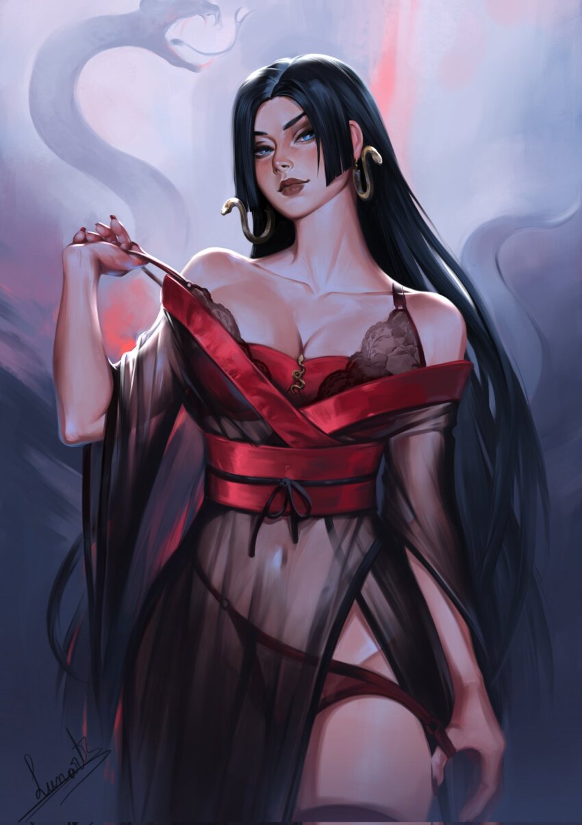 1girl blue_eyes boa_hancock bra bra_pull clothes_pull cropped_legs earrings highres jewelry long_hair looking_at_viewer lunart nose one_piece panties panty_pull parted_bangs parted_lips see-through_clothes snake_earrings solo standing underwear