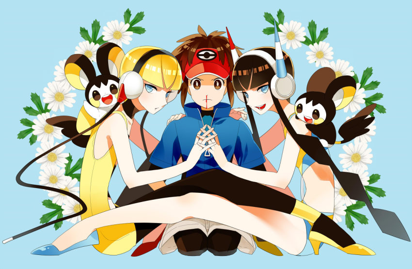 10s 1boy 2girls black_hair blonde_hair blood blue_eyes brown_eyes brown_hair choker creature dual_persona elesa_(pokemon) emolga flower gen_5_pokemon gum_(gmng) gumidemo_kandero gym_leader headphones holding_hands legs long_hair multiple_girls nate_(pokemon) nintendo no_legwear nosebleed pantyhose pokemon pokemon_(creature) pokemon_bw pokemon_bw2 seiza shadow short_hair sitting time_paradox visor_cap