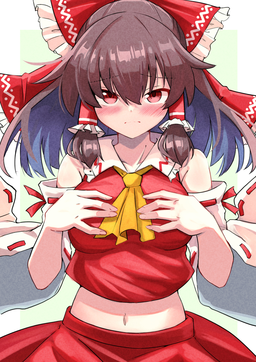 1girl absurdres ascot blush bow brown_hair closed_mouth commentary covering_breasts covering_privates detached_sleeves frilled_bow frilled_hair_tubes frills hair_bow hair_tubes hakurei_reimu highres long_hair looking_at_viewer midriff navel red_bow red_eyes red_skirt ribbon-trimmed_sleeves ribbon_trim skirt skirt_set solo touhou yellow_ascot yuuka_(a0240765)