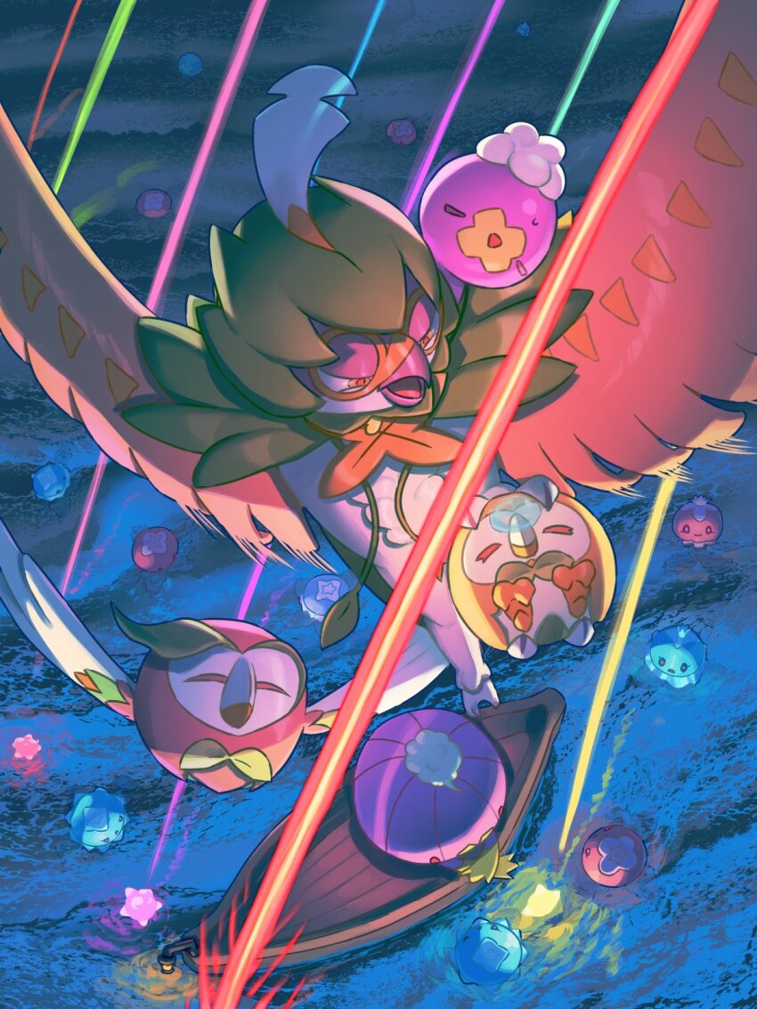 animal_focus bird bow bowtie closed_eyes commentary_request dartrix decidueye drifblim drifloon evolutionary_line frillish frillish_(female) frillish_(male) from_above gen_4_pokemon gen_5_pokemon gen_7_pokemon green_bow green_bowtie highres minior minior_(core) minior_(red_core) minior_(violet_core) minior_(yellow_core) mokukitusui nintendo no_humans ocean owl pokemon pokemon_(creature) red_pupils rowlet sleeping snoring talons water wings yellow_eyes