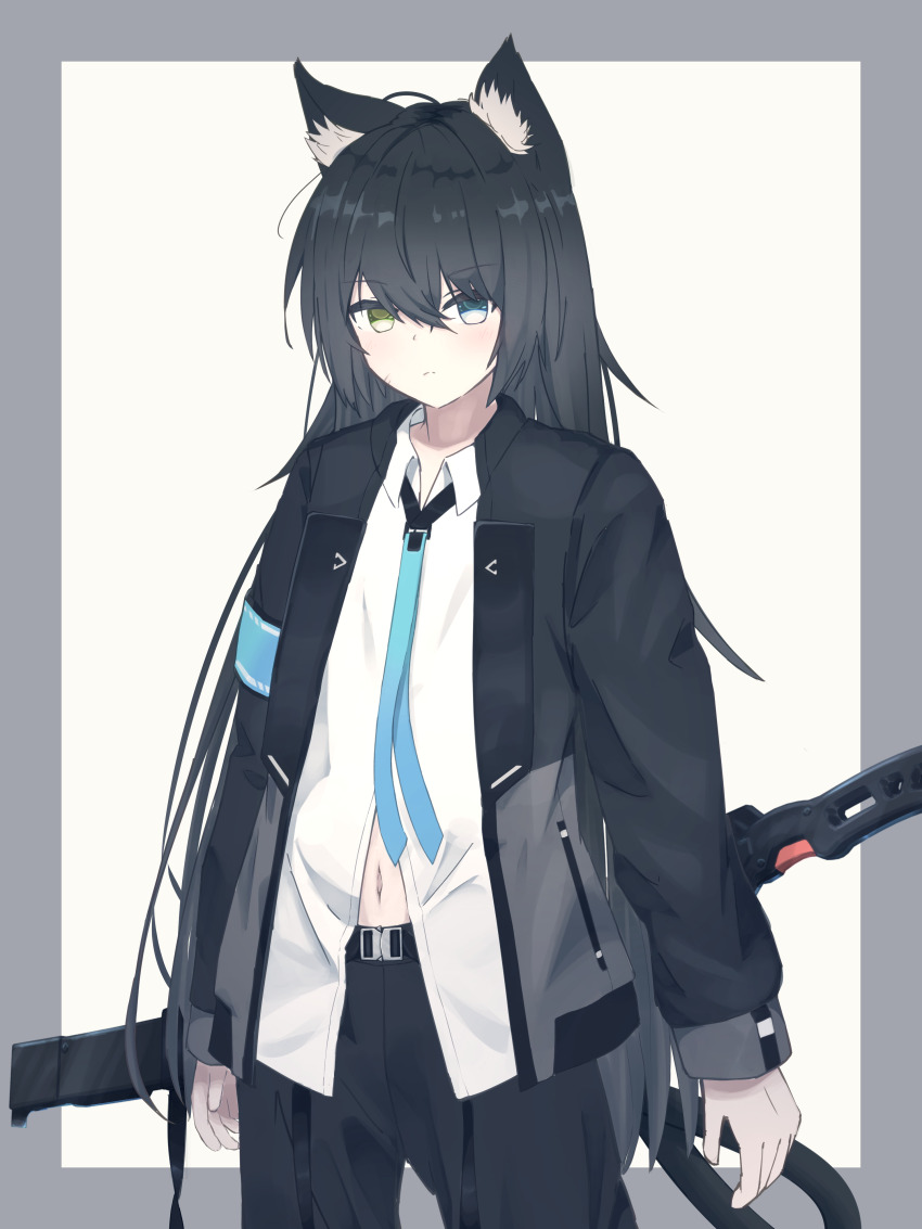 1boy absurdres animal_ear_fluff animal_ears armband arms_at_sides belt black_belt black_hair black_jacket black_pants blue_eyes blue_necktie border cat_boy cat_ears cat_tail closed_mouth collared_shirt cowboy_shot expressionless green_eyes grey_border hair_between_eyes heterochromia highres jacket katana long_hair long_sleeves looking_at_viewer navel necktie open_clothes open_jacket pants sheath sheathed shirt solo standing sword tail very_long_hair vrchat weapon weapon_on_back white_background white_shirt xelevia yellow_eyes