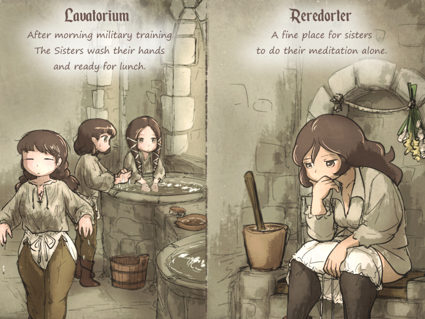 4girls basin bloomers brick bucket english_text flora_sister_(ironlily) flower highres ironlily lady_lucerne_(ironlily) long_hair mid_neutral_sister_(ironlily) multiple_girls ordo_mediare_sisters_(ironlily) pants plant shirt short_hair sitting the_thinker toilet_use twin_braids_sister_(ironlily) underwear washing_hands water wet