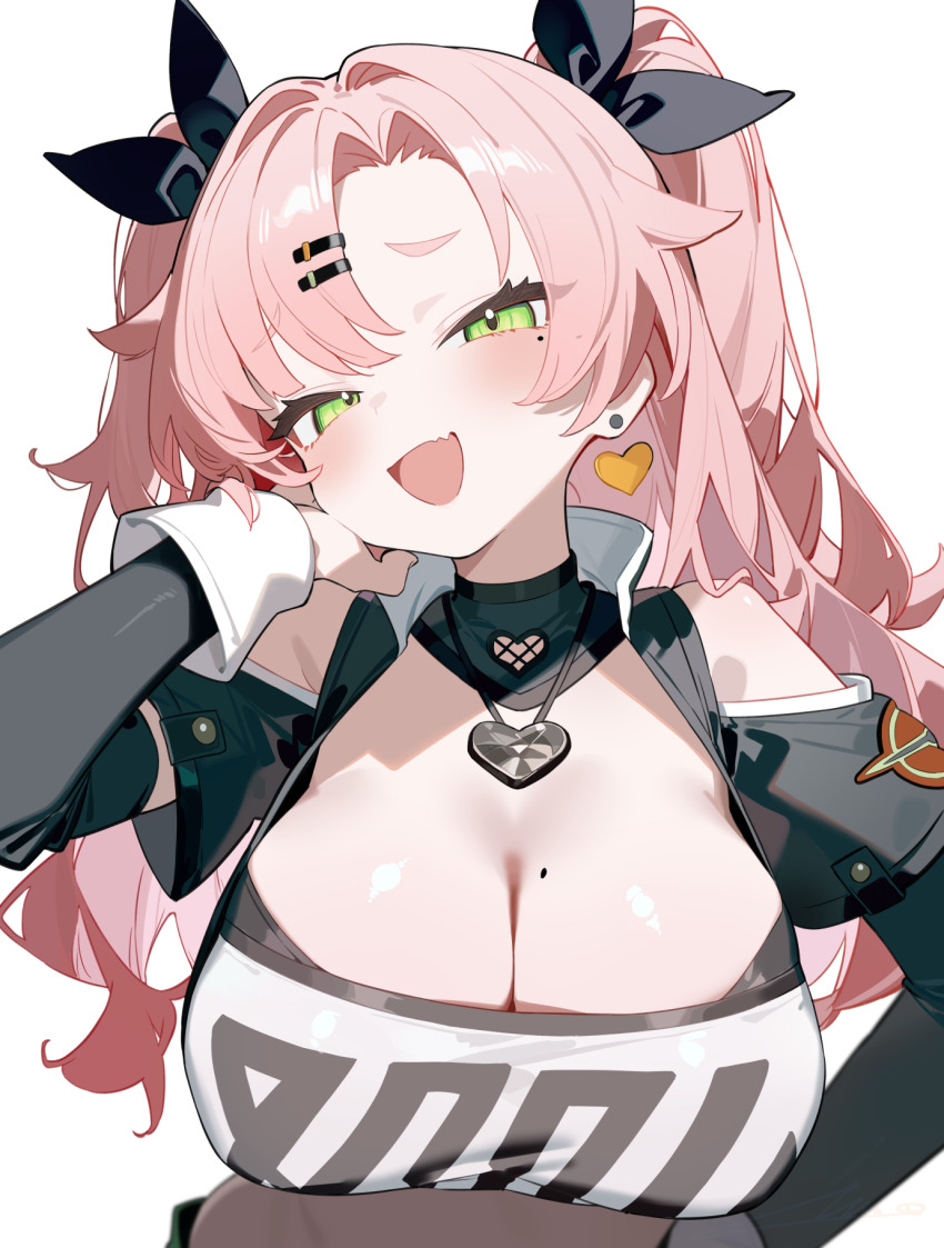 1girl :d breasts cleavage fang green_eyes hair_ornament hairclip highres jewelry large_breasts mole mole_on_breast mole_under_eye nicole_demara open_mouth overlord_(overlord80000) pendant pink_hair simple_background smile smug solo two_side_up upper_body white_background zenless_zone_zero
