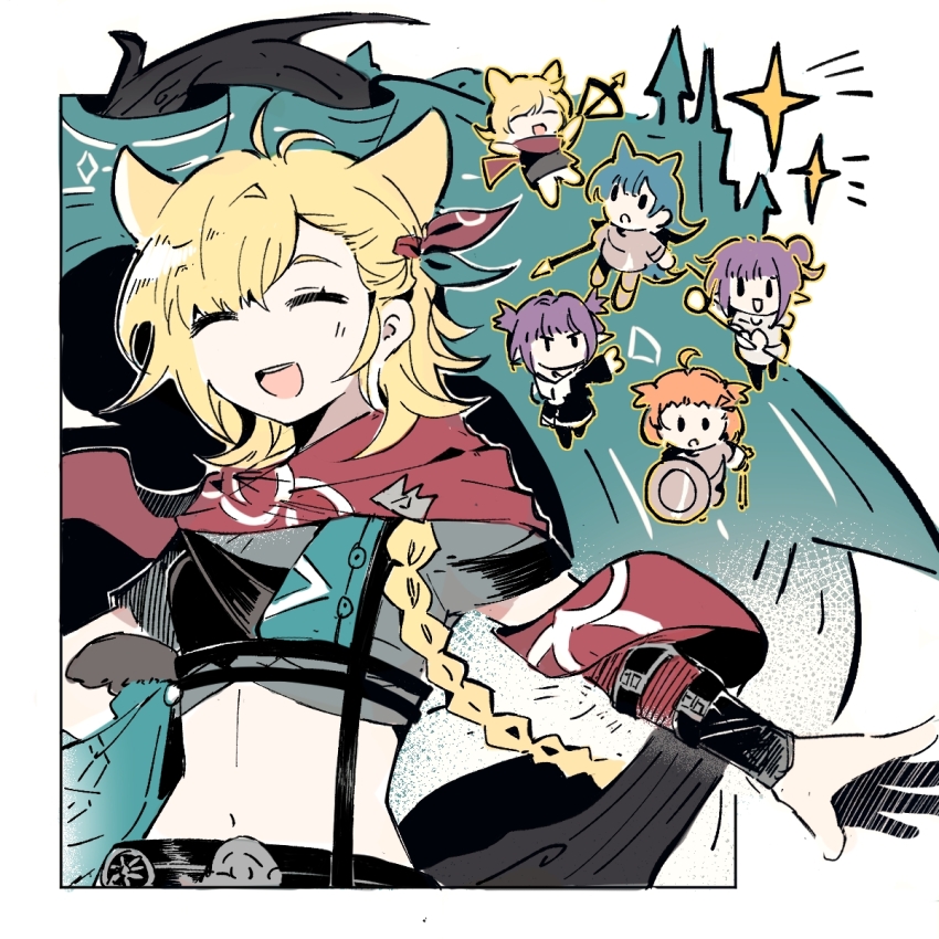 animal_ears arknights beagle_(arknights) blonde_hair braid closed_eyes fang_(arknights) hair_ribbon hibiscus_(arknights) highres kroos_(arknights) kroos_the_keen_glint_(the_apprentice_and_her_aura)_(arknights) lava_(arknights) lava_the_purgatory_(arknights) long_hair midriff momo9332 open_mouth rabbit_ears rabbit_girl red_scarf ribbon scarf