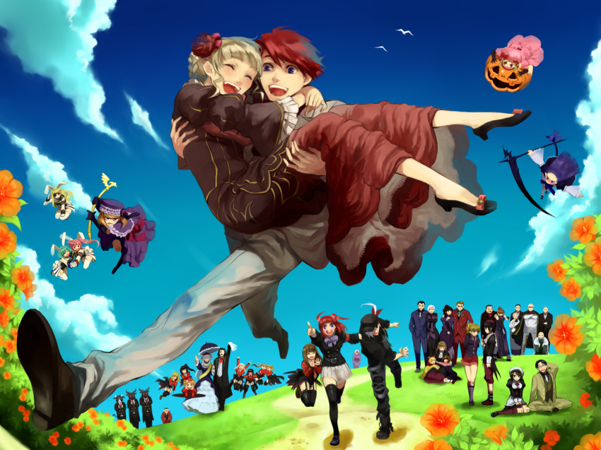 6+boys 6+girls amakusa_juuza animal_ears armband asmodeus_(umineko) bad_id bad_pixiv_id beatrice_(umineko) beelzebub_(umineko) belphegor_(umineko) black_hair black_thighhighs blonde_hair blue_eyes blue_hair brown_hair carrying cat_tail chiester00 chiester410 chiester45 crown dress drill_hair eva_beatrice flower formal_clothes frederica_bernkastel frills gaap_(umineko) gado-boa glasses gloves goatman_(umineko) good_end gouda_toshirou green_hair hair_bobbles hair_flower hair_ornament happy hat highres kanon_(umineko) kumasawa_chiyo lambdadelta leviathan_(umineko) long_hair lucifer_(umineko) mammon_(umineko) mini_hat mini_top_hat multiple_boys multiple_girls nanjou_terumasa necktie no_naku_koro_ni_(series) okonogi_tetsurou open_mouth ponytail princess_carry pumpkin rabbit_ears red_flower red_hair red_rose ribbon ronoue_genji ronove_(umineko) rose ryukishi07 sakutarou_(umineko) satan_(umineko) shannon_(umineko) short_hair showgirl_skirt silver_hair skirt smile staff stakes_of_purgatory suit sumadera_kasumi tail thighhighs top_hat twintails umineko_no_naku_koro_ni ushiromiya_ange ushiromiya_battler ushiromiya_eva ushiromiya_george ushiromiya_hideyoshi ushiromiya_jessica ushiromiya_kinzou ushiromiya_krauss ushiromiya_kyrie ushiromiya_maria ushiromiya_natsuhi ushiromiya_rosa ushiromiya_rudolf virgilia_(umineko) zettai_ryouiki