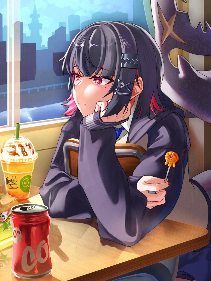 1girl black_hair black_hood candy closed_mouth colored_inner_hair ellen_joe fins fish_tail food hairband hand_on_own_cheek hand_on_own_face harukimatsui_25 highres holding holding_candy holding_food holding_lollipop hood hooded_jacket indoors jacket lollipop long_sleeves metal_hairband mole mole_under_eye multicolored_hair official_alternate_costume red_eyes shark_girl shark_tail short_hair sitting tail upper_body zenless_zone_zero