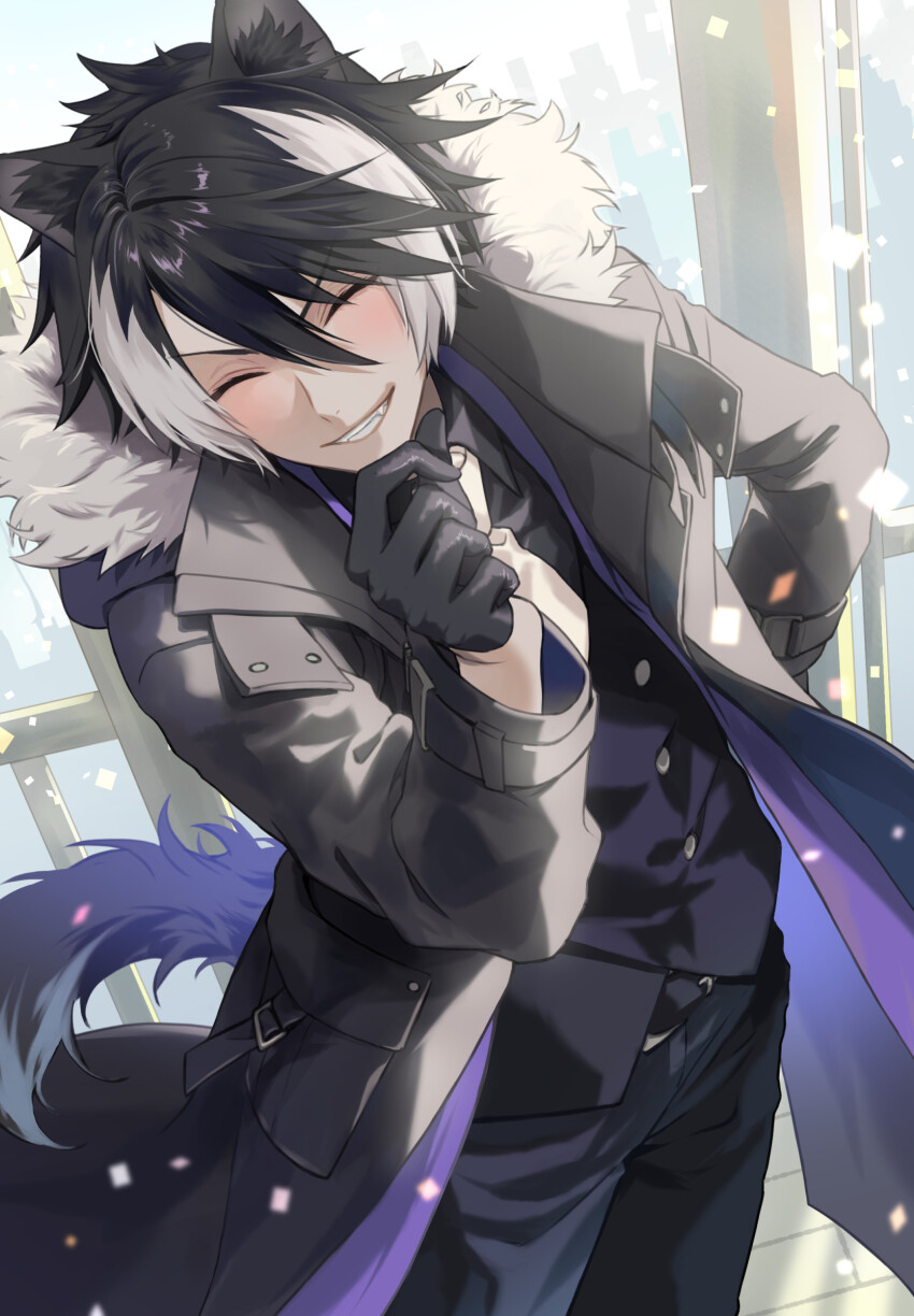 1boy animal_ear_fluff animal_ears black_gloves black_hair black_pants black_shirt blush closed_eyes coat confetti fangs from_above fur-trimmed_coat fur_trim gloves grin hair_between_eyes half_gloves hand_on_own_hip happy highres holostars jackal_boy jackal_ears jackal_tail kageyama_shien kageyama_shien_(1st_costume) long_coat luma8b male_focus multicolored_hair necktie open_clothes open_coat pants shirt short_hair sidelighting smile standing streaked_hair virtual_youtuber white_hair white_necktie
