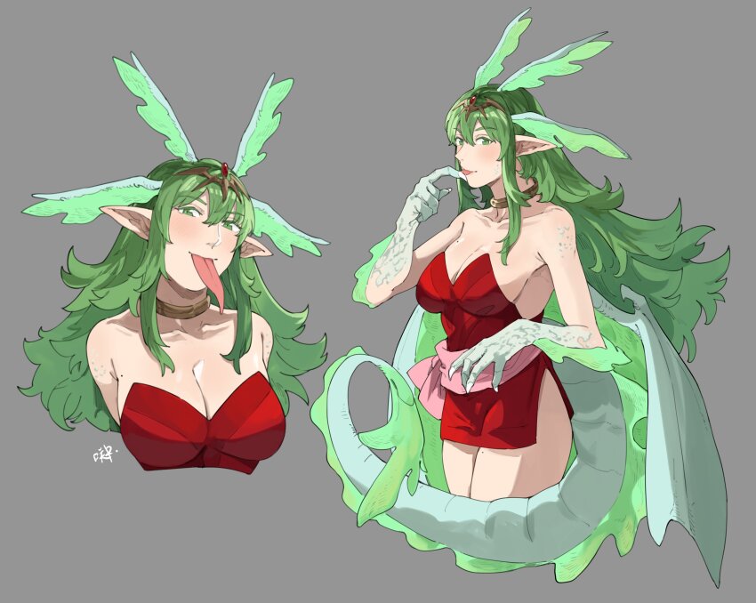 1girl absurdres antennae breasts claws cleavage cropped_legs cropped_torso dragon_girl dragon_tail dragon_wings fire_emblem fire_emblem_awakening green_eyes green_hair hair_down highres large_breasts licking licking_finger long_tongue miniskirt nintendo pointy_ears sakuremi sash scales skirt solo strapless tail tiara tiki_(adult)_(fire_emblem) tiki_(fire_emblem) tongue tongue_out wings