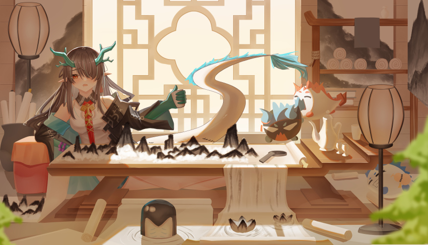 1girl absurdres airtair arknights bare_shoulders bitey_(arknights) black_hair black_jacket colored_extremities colored_skin cup dragon_bubble_(arknights) dragon_girl dragon_horns dragon_tail dress dusk_(arknights) earrings green_horns green_skin hair_over_one_eye highres holding holding_cup horns indoors jacket jewelry ling_(arknights) long_hair long_tail looking_at_viewer multicolored_hair necktie nian_(arknights) open_clothes open_jacket open_mouth pointy_ears red_eyes solo streaked_hair table tail tassel tassel_earrings white_dress wide_shot