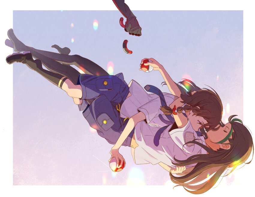 2girls black_hair braid brown_hair closed_eyes falling freefall highres holding holding_poke_ball hug juliana_(pokemon) long_hair medium_hair multiple_girls necktie nemona_(pokemon) nintendo poke_ball pokemon pokemon_sv red_eyes sawara65 school_uniform shoes shorts socks uva_academy_school_uniform yuri