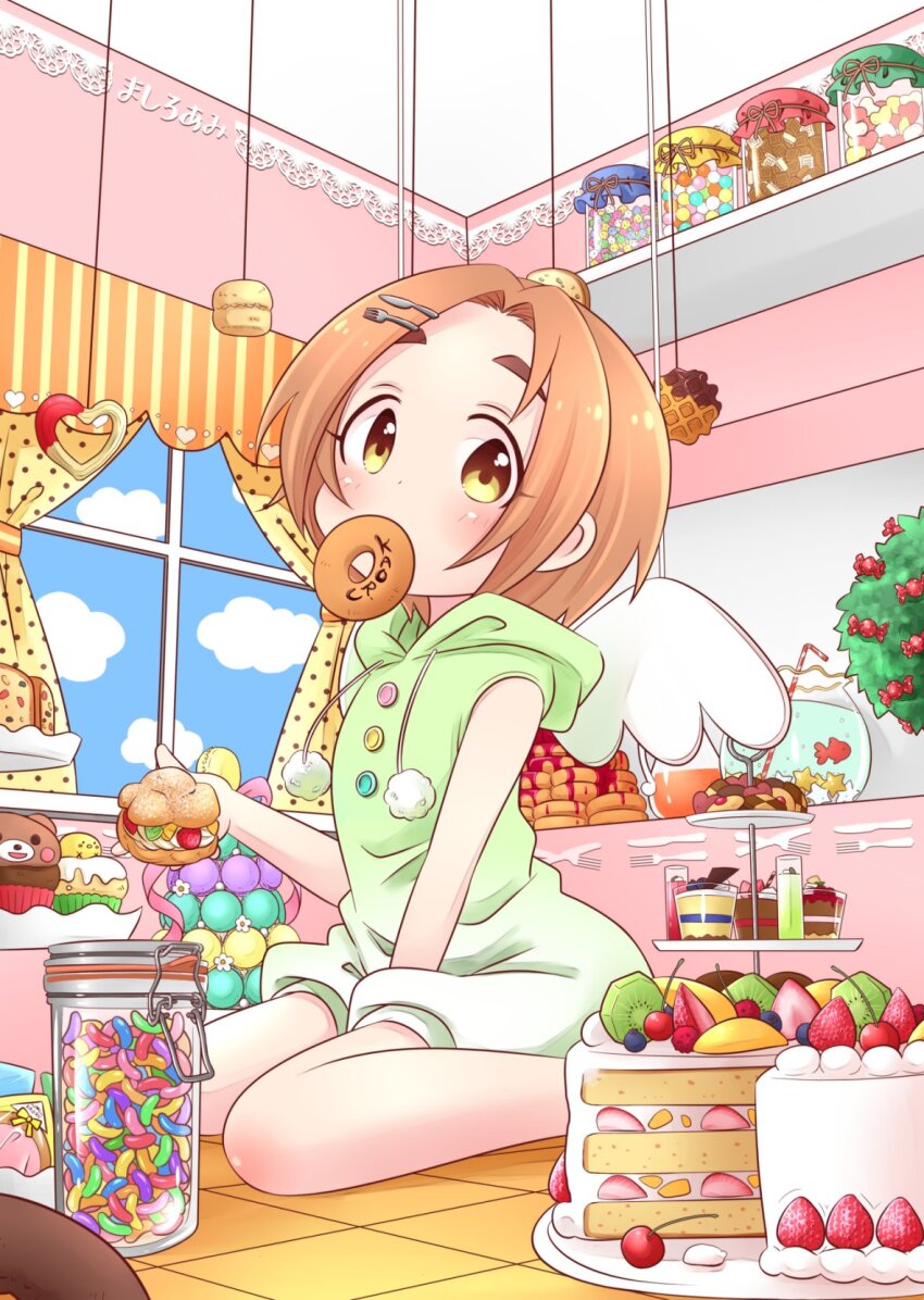 1girl bare_shoulders blue_sky blueberry blush brown_hair cake candy caramel character_name cherry chewing_gum chocolate cloud cookie cream cream_puff curtains day dot_nose donut drinking_straw fake_wings flat_chest food food_in_mouth food_stand fork fork_hair_ornament fruit gradient_hoodie green_hoodie green_shorts hair_ornament hairclip hand_up highres holding holding_food honeypot hood hood_down hoodie idolmaster idolmaster_cinderella_girls idolmaster_cinderella_girls_starlight_stage indoors jelly_bean kiwi_(fruit) knife knife_hair_ornament konpeitou looking_at_viewer lychee macaron maka073 mango mouth_hold muffin pom_pom_(clothes) pudding ryuzaki_kaoru short_hair shorts sitting sky sleeveless sleeveless_hoodie soda solo strawberry thick_eyebrows tile_floor tiles tray waffle wariza white_wings window wings yellow_curtain yellow_eyes