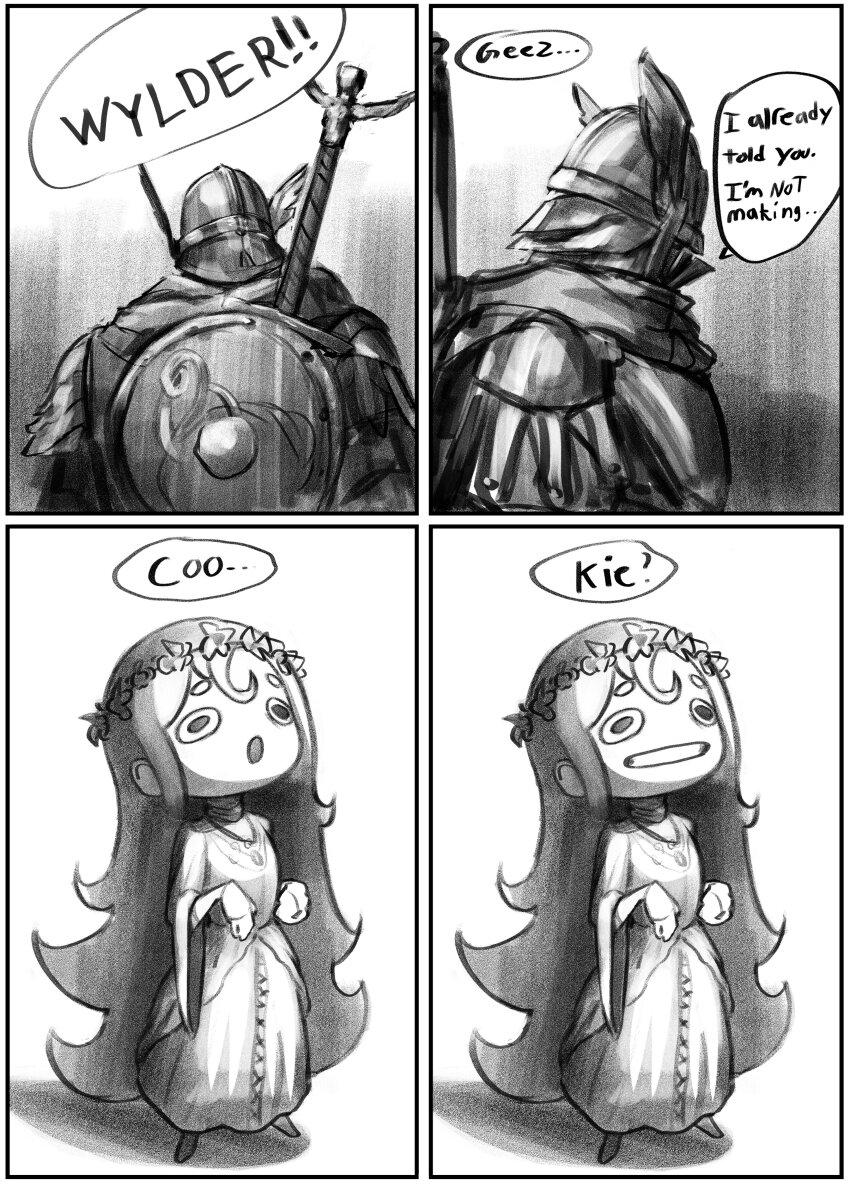 1boy 1girl absurdres armor cape chibi dress elden_ring elden_ring_nightreign helmet highres long_hair revenant_(elden_ring) simple_background skedoodly sword weapon winged_helmet wylder_(elden_ring)