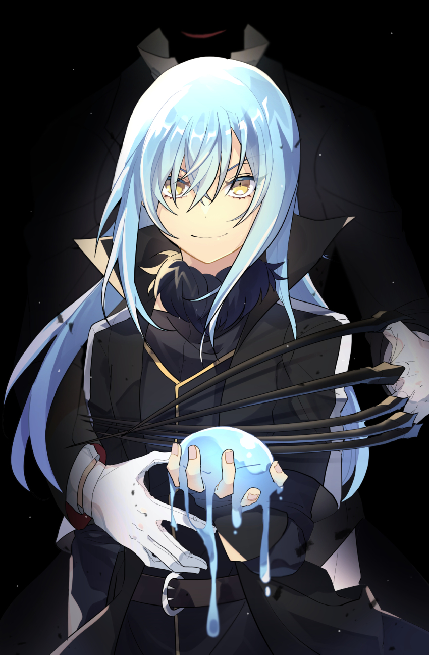 1boy 1other androgynous belt belt_buckle black_belt black_coat blue_hair buckle closed_mouth coat diablo_(tensura) gloves grin hair_between_eyes highres holding long_hair looking_at_viewer ou_negi rimuru_tempest smile straight_hair tensei_shitara_slime_datta_ken very_long_hair white_gloves yellow_eyes