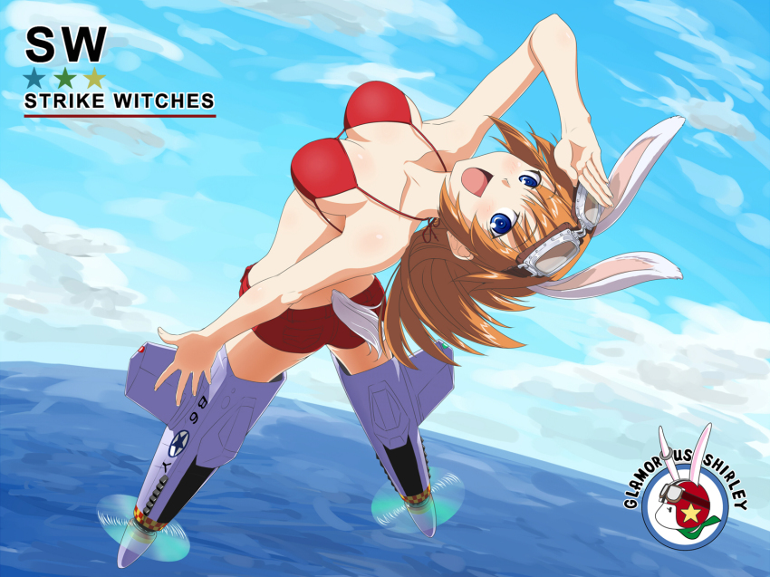 1girl :d animal_ears bad_id bad_pixiv_id bikini bikini_top_only blue_eyes breasts charlotte_e._yeager cleavage cloud collarbone day escort_fighter female_focus goggles goggles_on_head helmet highres long_hair looking_at_viewer mackey_(mthc_riku) medium_breasts mthc_riku open_mouth orange_hair p-51_mustang rabbit rabbit_ears rabbit_girl rabbit_tail salute scarf short_shorts shorts sky smile solo strike_witches striker_unit swimsuit tail water world_witches_series