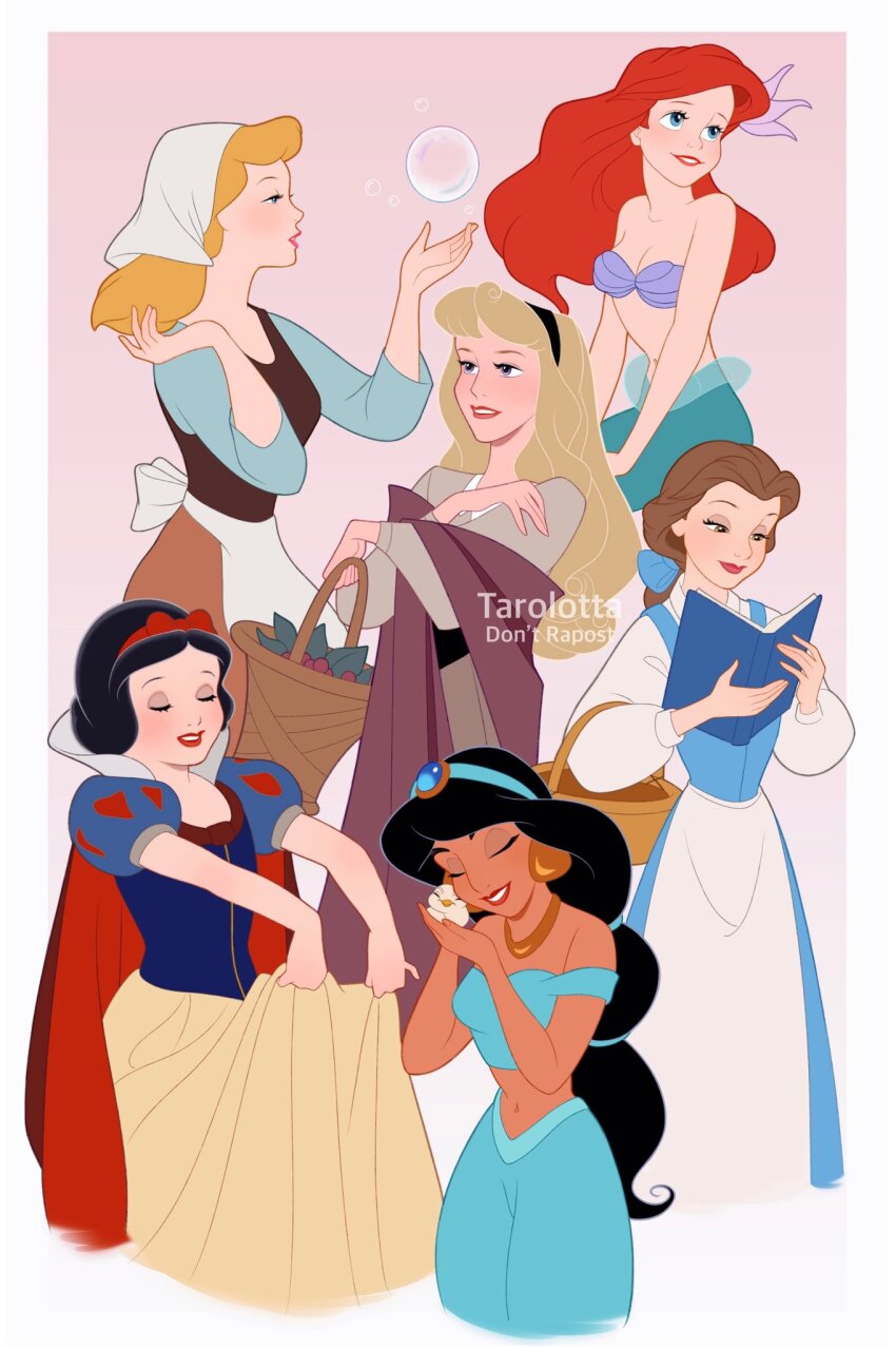 6+girls aladdin_(movie) animal apron ariel_(disney) artist_name aurora_(disney) basket beauty_and_the_beast belle_(disney) bird black_hair black_hairband blue_eyes blue_hairband book breasts brown_eyes bubble cape cinderella cinderella_(disney) cleavage closed_eyes commentary_request crop_top dark-skinned_female dark_skin disney_princess hairband harem_pants headscarf highres holding holding_animal holding_basket holding_bird holding_book jasmine_(disney) mermaid midriff monster_girl multiple_girls navel off-shoulder_shirt off_shoulder pants puffy_short_sleeves puffy_sleeves reading red_cape red_hair shell shell_bikini shirt short_sleeves skirt_hold sleeping_beauty small_breasts snow_white_(disney) snow_white_and_the_seven_dwarfs tarolotta the_little_mermaid_(disney) waist_apron watermark