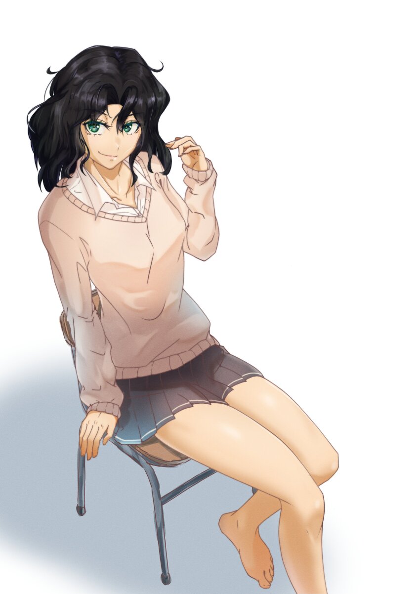 1girl absurdres alternate_eye_color amagami barefoot black_eyes black_hair chair closed_mouth commentary foot_out_of_frame green_eyes grey_skirt grey_sweater highres kibito_high_school_uniform long_hair looking_at_viewer medium_hair messy_hair morimonison on_chair pleated_skirt school_chair school_uniform sitting skirt solo sweater tanamachi_kaoru thighs wavy_hair