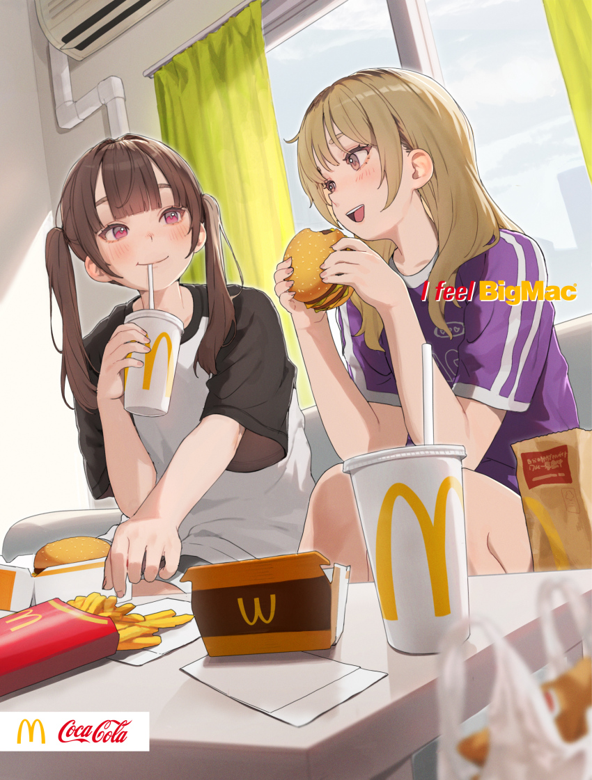 2girls absurdres air_conditioner big_mac blush brown_hair burger coca-cola commentary_request copyright_name cup curtains disposable_cup double-decker_hamburger_bun double-parted_bangs drinking drinking_straw drinking_straw_in_mouth eating english_text fast_food food french_fries hamunezuko_(nezukonezu32) highres holding holding_burger holding_food indoors light_brown_hair logo long_hair looking_at_another mcdonald&#039;s multiple_girls official_art open_mouth original pink_eyes shirt sitting t-shirt teeth twintails upper_teeth_only window