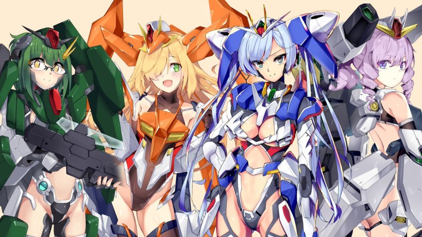 00_gundam 4girls black_gloves black_leotard blue_eyes blue_hair breasts cherudim_gundam cleavage clenched_hand closed_mouth clothing_cutout collarbone drill_hair floating_hair gloves gn_drive green_eyes green_hair grey_gloves gun gundam gundam_00 gundam_arios gundam_seravee hair_over_one_eye halterneck hand_on_own_hip holding holding_gun holding_tray holding_weapon i.takashi leotard long_hair looking_at_viewer looking_to_the_side mecha_musume mechanical_ears multiple_girls one_eye_covered open_mouth personification purple_eyes purple_hair rifle sniper_rifle stomach_cutout tray twin_drills twintails v-shaped_eyebrows very_long_hair weapon yellow_eyes