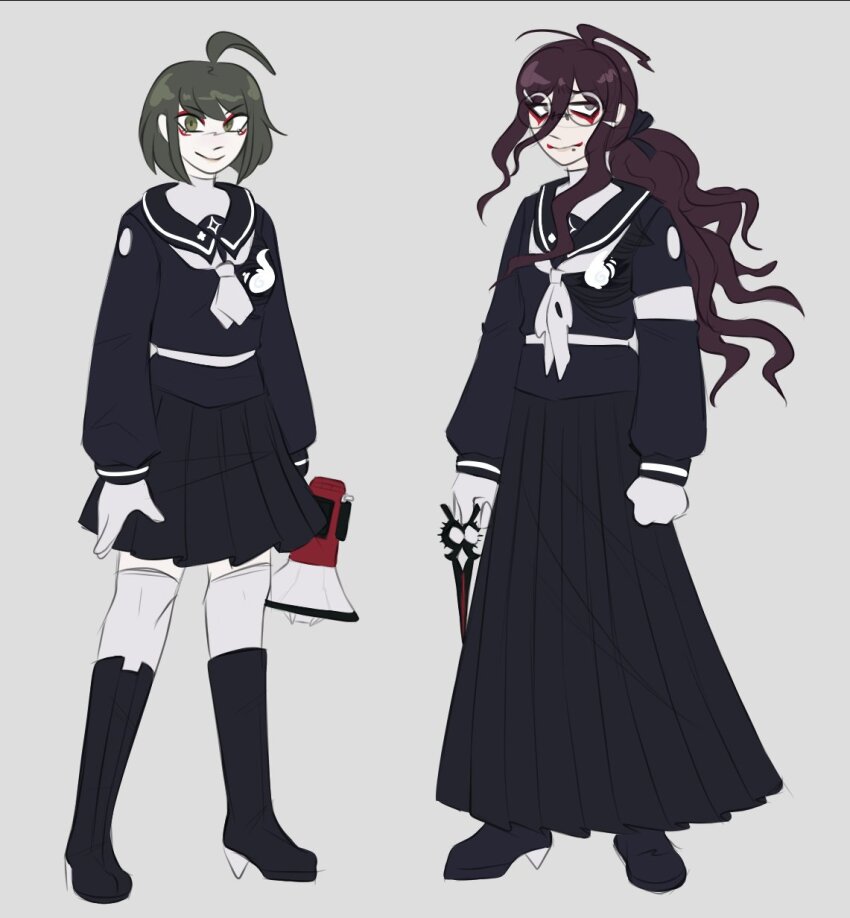 2girls ahoge alternate_costume black_boots black_bow black_shirt black_skirt boots bow closed_mouth creator_connection crossover danganronpa_(series) danganronpa_another_episode:_ultra_despair_girls female_focus fukawa_toko full_body glasses gloves green_hair grey_background hair_bow high_heel_boots high_heels highres holding holding_megaphone holding_scissors last_defense_academy_school_uniform long_sleeves looking_at_viewer megaphone messy_hair mole mole_under_mouth multiple_girls naegi_komaru pleated_skirt ponytail purple_hair scissors shirt simple_background skirt smile standing the_hundred_line_-last_defense_academy- thighhighs white_gloves white_thighhighs