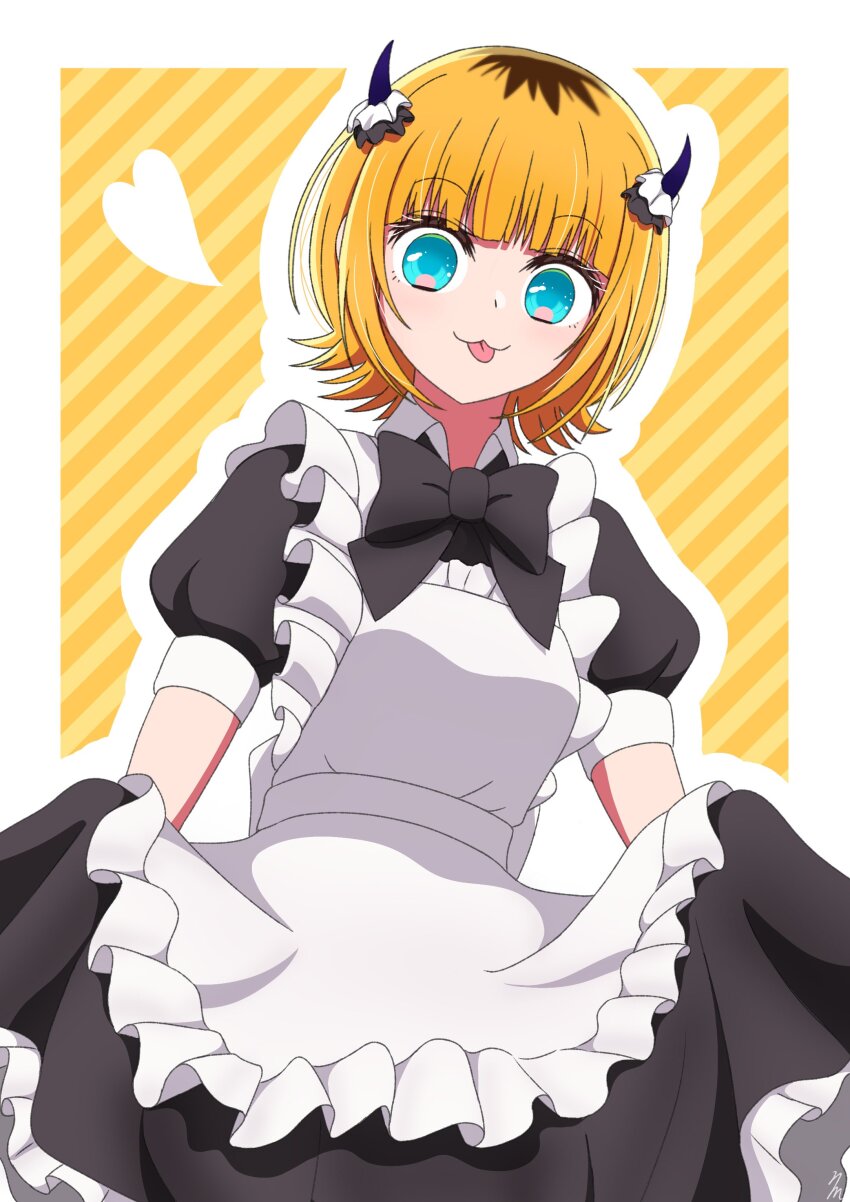 1girl :3 absurdres apron aqua_eyes black_dress blonde_hair blush demon_horns dress fake_horns frilled_apron frills highres horns looking_at_viewer maid maid_apron mem-cho multicolored_hair nm_(blue-rapid) oshi_no_ko roots_(hair) short_hair simple_background smile solo striped_background tongue tongue_out waist_apron white_apron