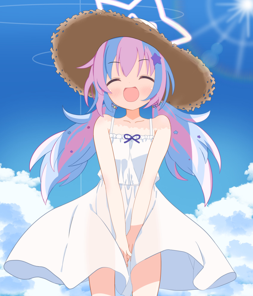 1girl absurdres alternate_costume bare_legs bare_shoulders blue_archive blue_hair blush closed_eyes dress halo hat highres loli long_hair low_twintails masushi_masashi multicolored_hair open_mouth purple_hair reisa_(blue_archive) see-through_clothes sidelocks smile solo star_halo sun_hat sundress twintails two-tone_hair white_dress white_halo