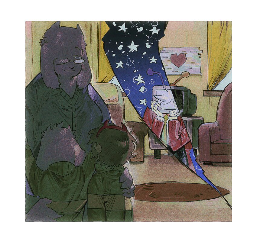 1girl 3boys ant_tenna asriel_dreemurr blackmaro1 border brown_hair closed_eyes commentary couch crt curtains deltarune english_commentary furry furry_female furry_male glasses gloves green_sweater hand_on_another&#039;s_back hand_on_another&#039;s_shoulder highres horn_hairband indoors kris_(deltarune) mother_and_son multiple_boys necktie object_head pointy_nose smile split_theme sweater toriel white_border white_gloves window yellow_necktie