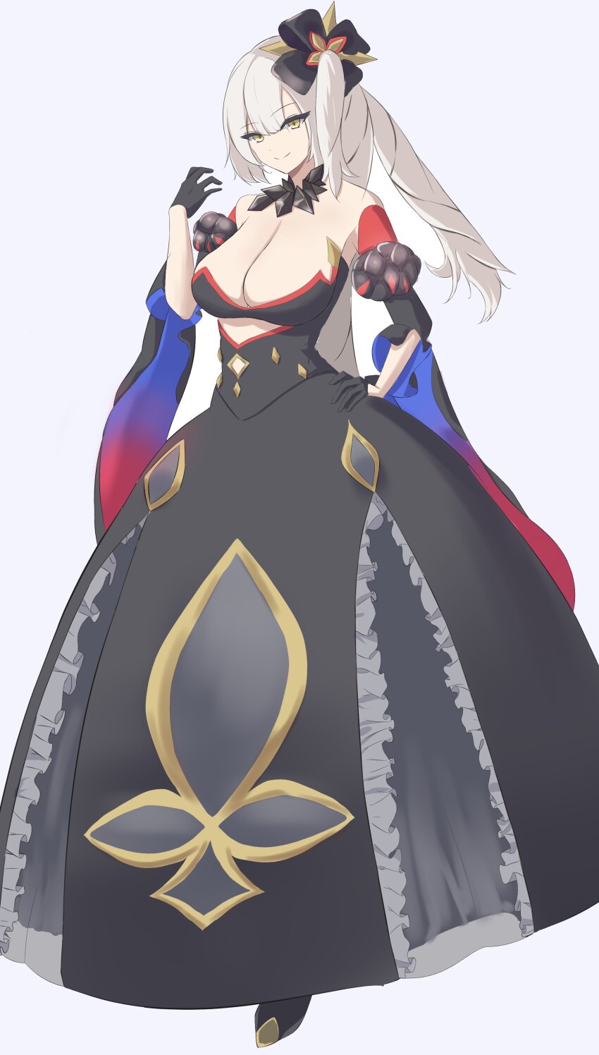 1girl absurdres bare_shoulders black_choker black_dress black_gloves breasts choker cleavage closed_mouth commentary detached_sleeves dress fate/grand_order fate_(series) full_body gloves hand_on_own_hip highres kannzi large_breasts long_hair marie_antoinette_(fate) marie_antoinette_alter_(fate) marie_antoinette_alter_(third_ascension)_(fate) side_ponytail simple_background sleeveless sleeveless_dress smile solo white_hair yellow_eyes