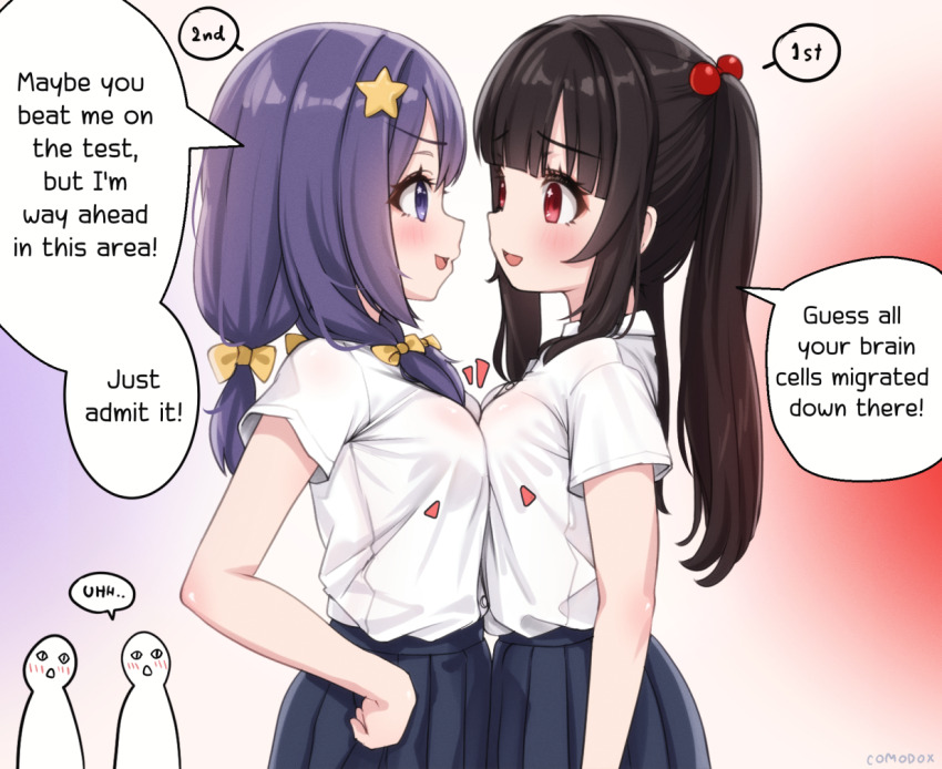 2girls 2others arguing artist_name asymmetrical_docking blunt_bangs blush bow breast_press breasts brown_hair collared_shirt comodox cowboy_shot eye_contact face-to-face from_side gradient_background hair_bobbles hair_bow hair_ornament hand_on_own_hip long_hair looking_at_another lulla_(comodox) medium_breasts multiple_girls multiple_others open_mouth original pleated_skirt purple_background purple_eyes red_background red_eyes school_uniform see-through_clothes see-through_shirt shirt short_hair short_sleeves sidelocks signature simple_background skirt slit_pupils small_breasts smile speech_bubble star_(symbol) star_hair_ornament swept_bangs white_background white_shirt yellow_bow